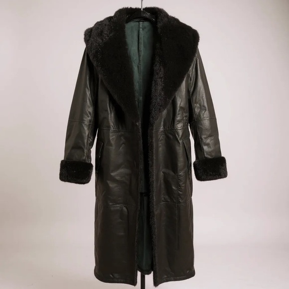 Vintage Women's Black Leather Trench Coat with Fur Trim - Picture 1 of 6